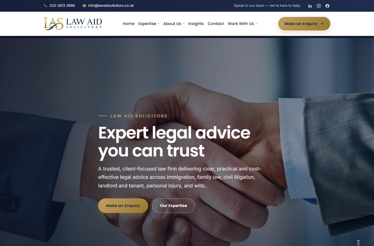 Homepage of the Law Aid Solicitors website